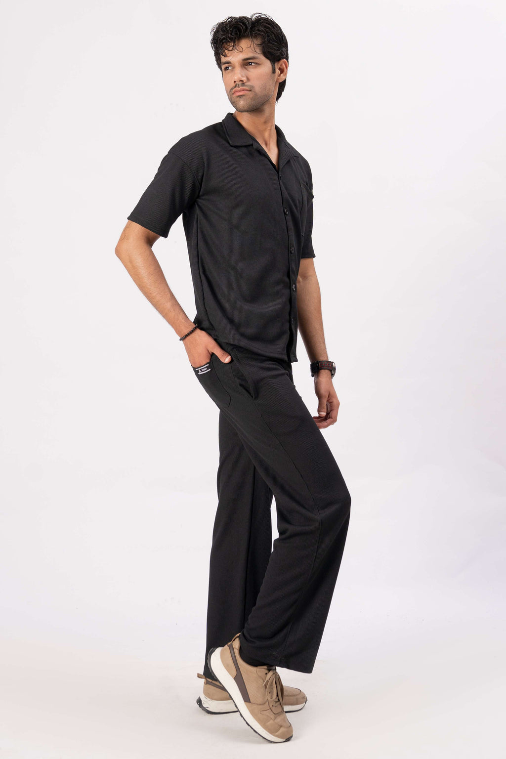 Waffle Black Half-Sleeve Safari Suit for Men – Stylish Summer Safari Suit in Pakistan B1