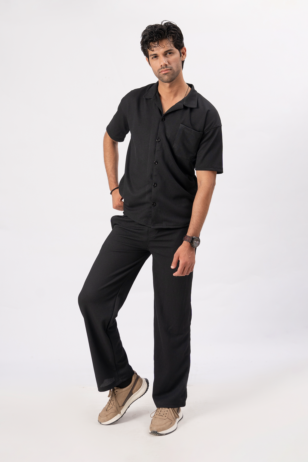 Waffle Black Half-Sleeve Safari Suit for Men – Stylish Summer Safari Suit in Pakistan B1
