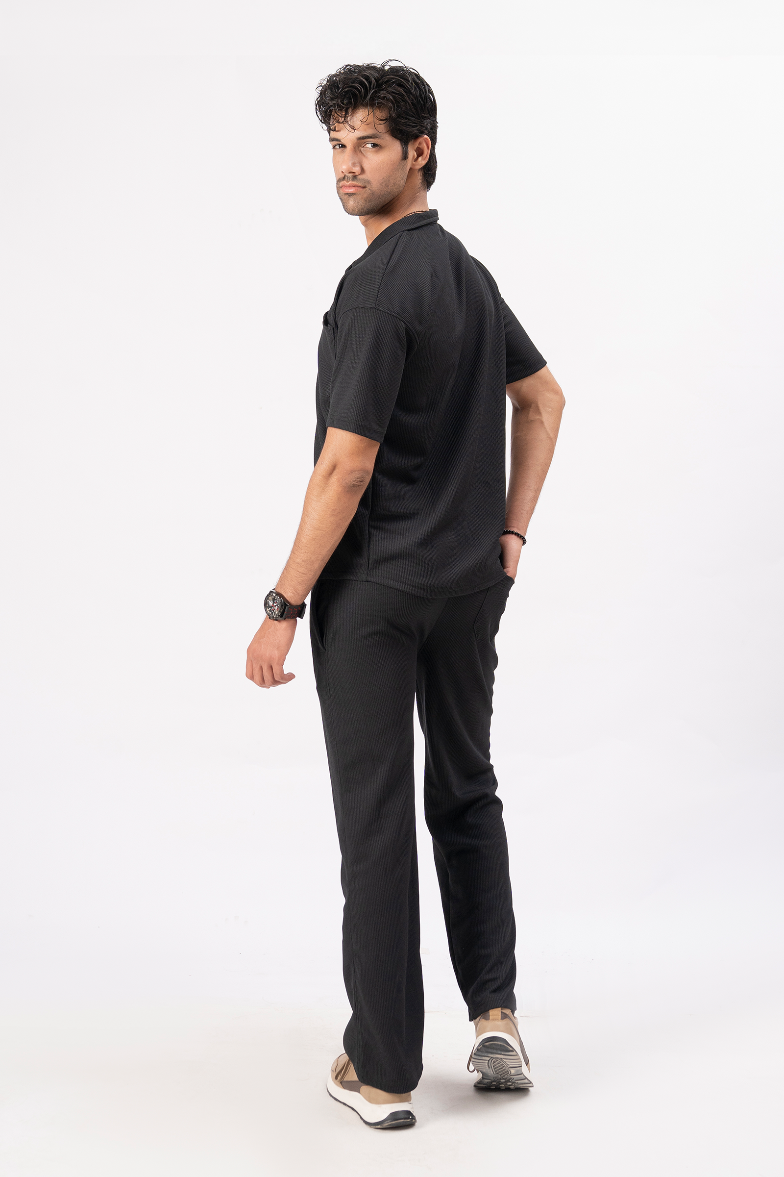 Waffle Black Relaxed Fit Trouser - D12