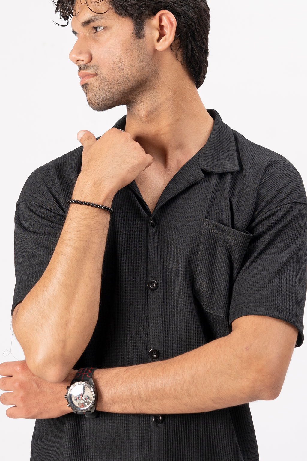 Waffle Black Half-Sleeve Safari Suit for Men – Stylish Summer Safari Suit in Pakistan B1