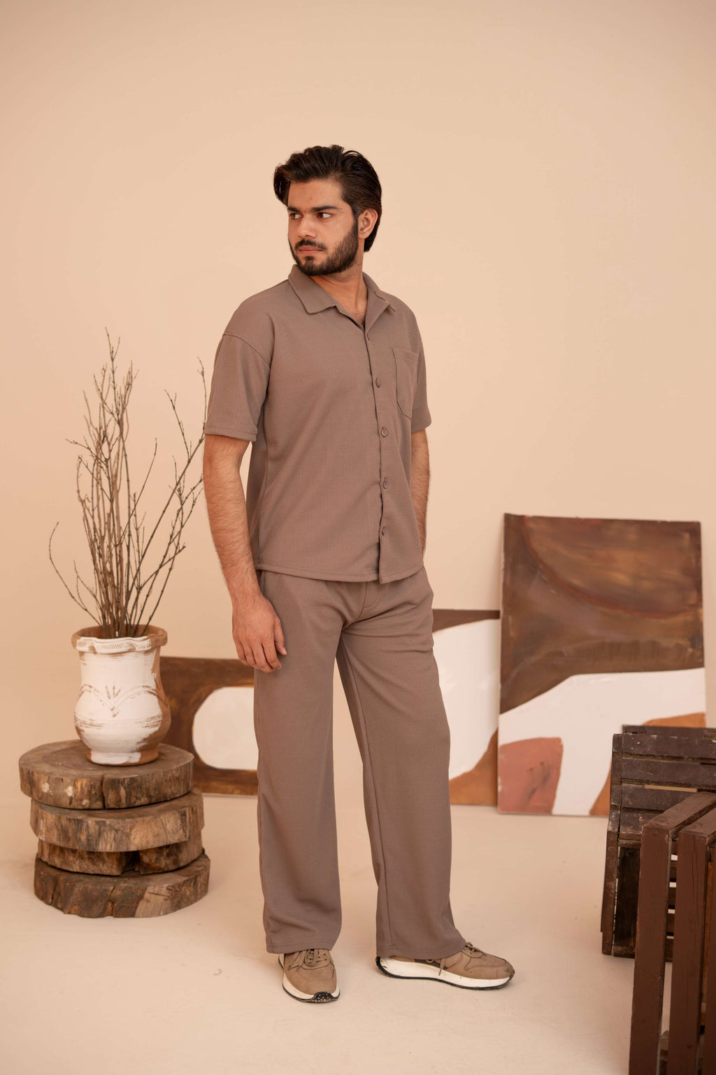 Waffle Chocolate Half-Sleeve Safari Suit for Men B8