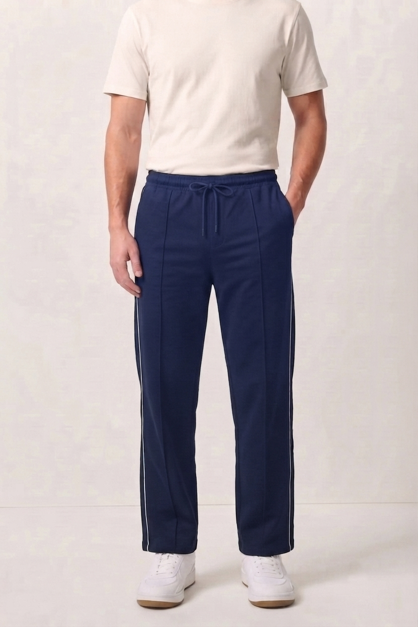 Navy Wide-Leg Comfort Trouser White Piping - D22