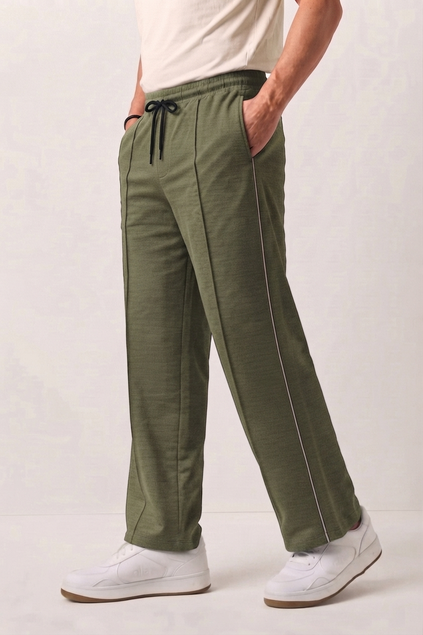 Dark Olive Wide-Leg Comfort Trouser White Piping - D23