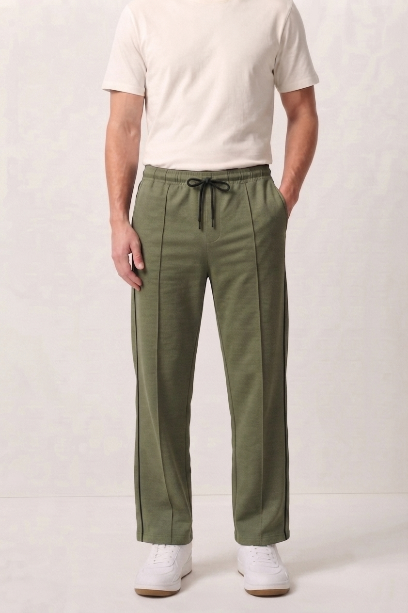 Light Olive Wide-Leg Comfort Trouser Black Piping - D24