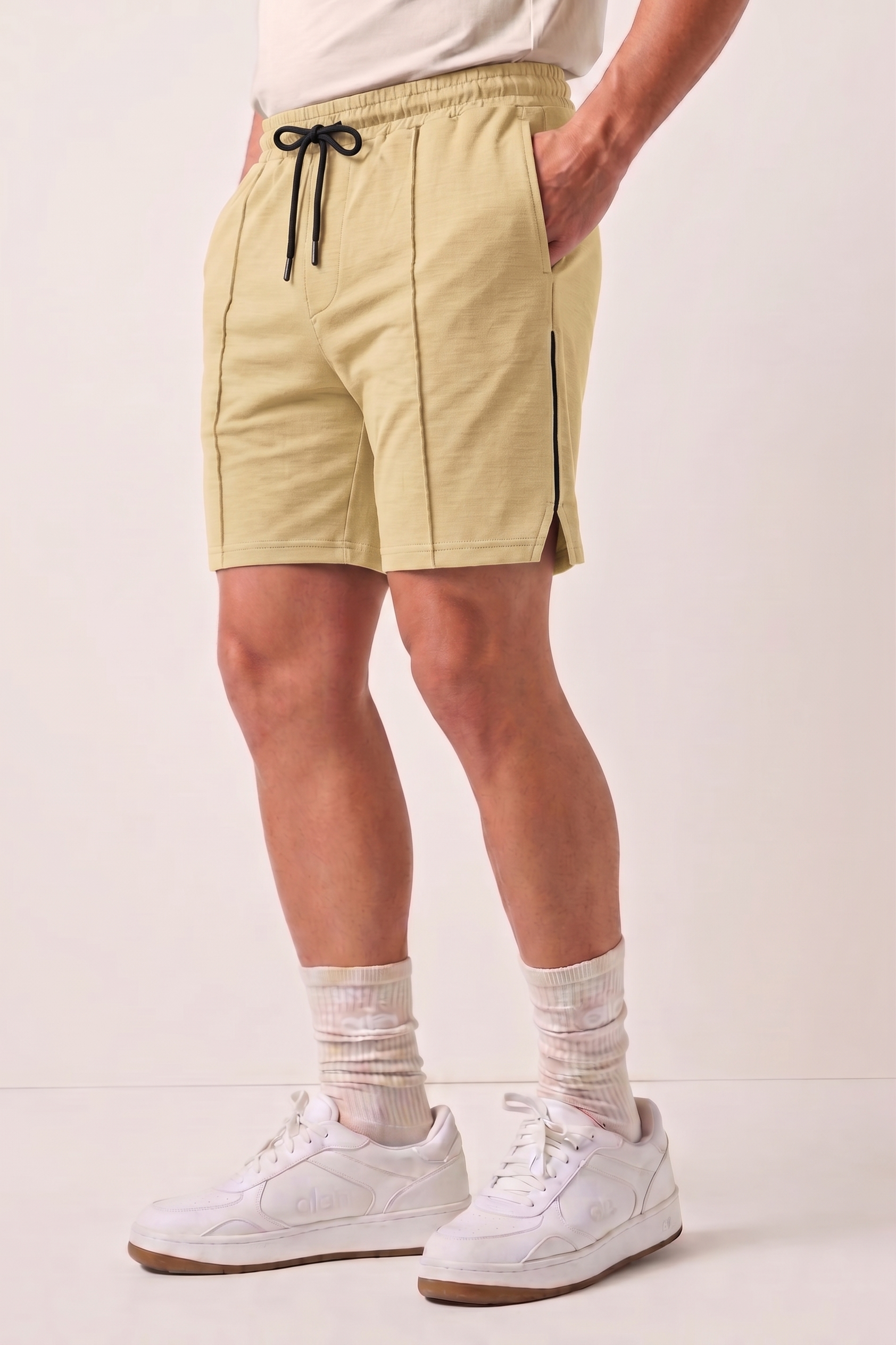 Beige Pleated Athleisure Shorts X7