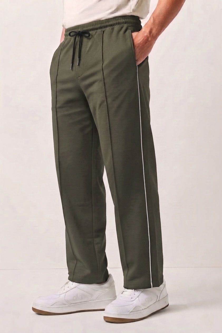 Dark Olive Wide-Leg Comfort Trouser White Piping - D23