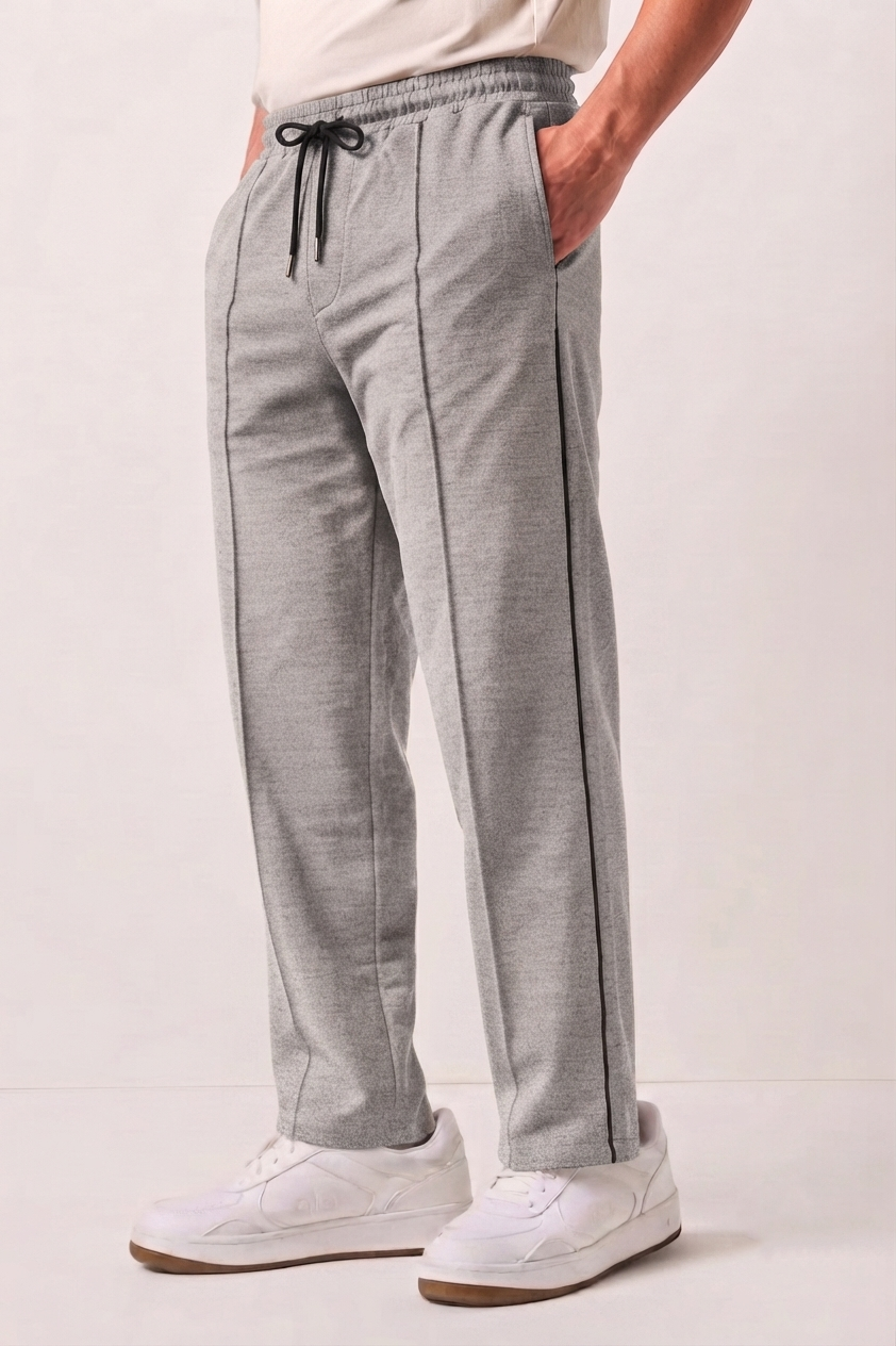 Light Grey Wide-Leg Comfort Trouser Black Piping - D26