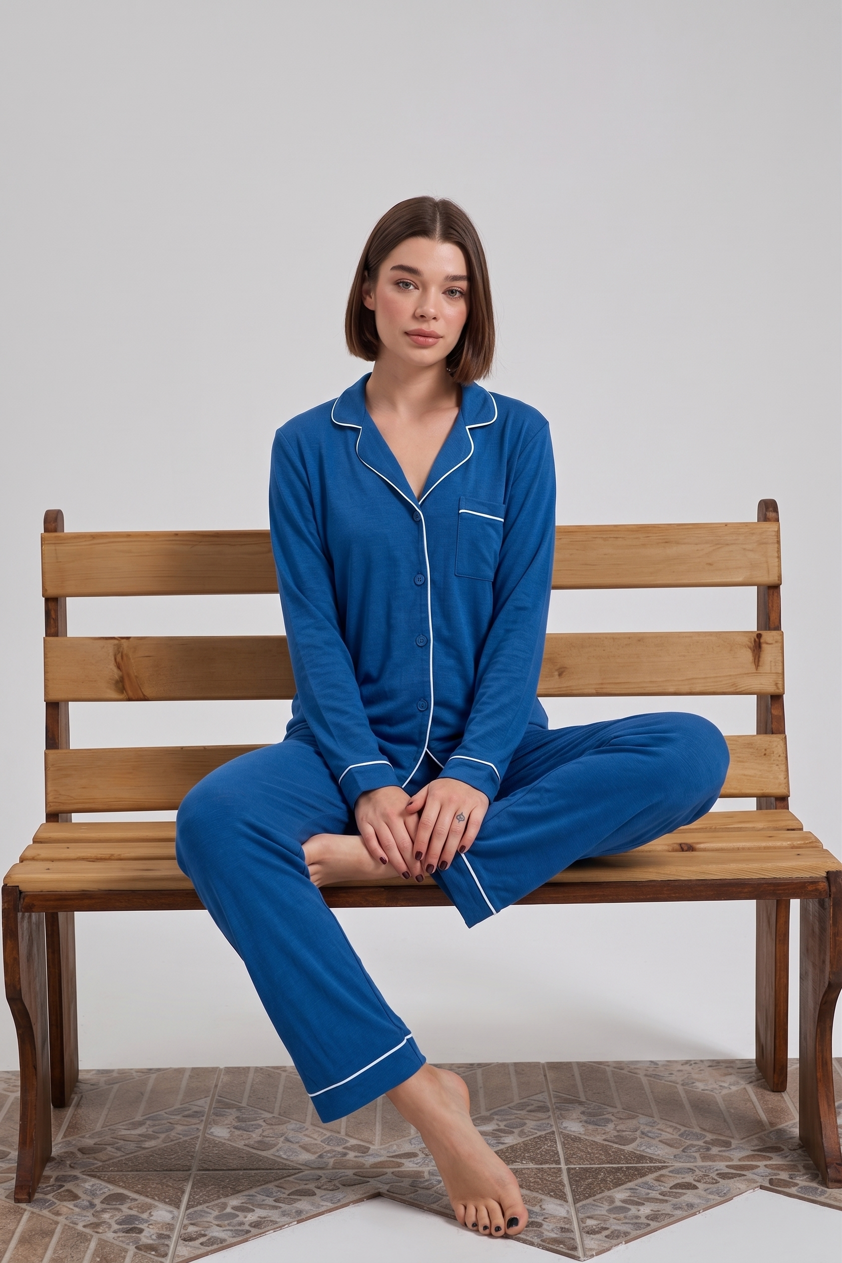 Royal Blue Loose Ribbed Sleepwear Set R1