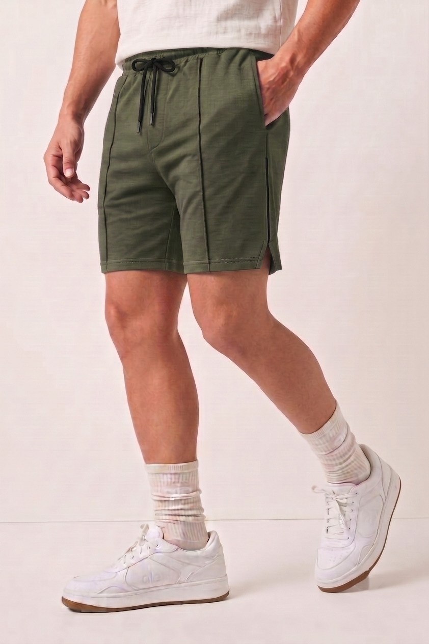 Olive Green Pleated Athleisure Shorts X1