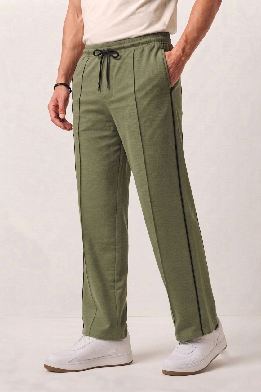 Light Olive Wide-Leg Comfort Trouser Black Piping - D24