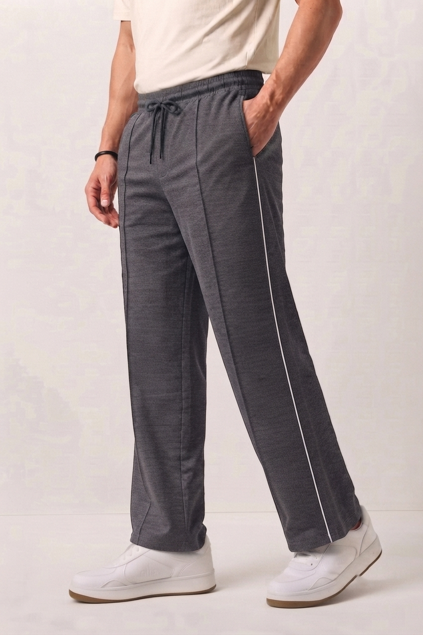 Charcoal Grey Wide-Leg Comfort Trouser Black Piping - D27