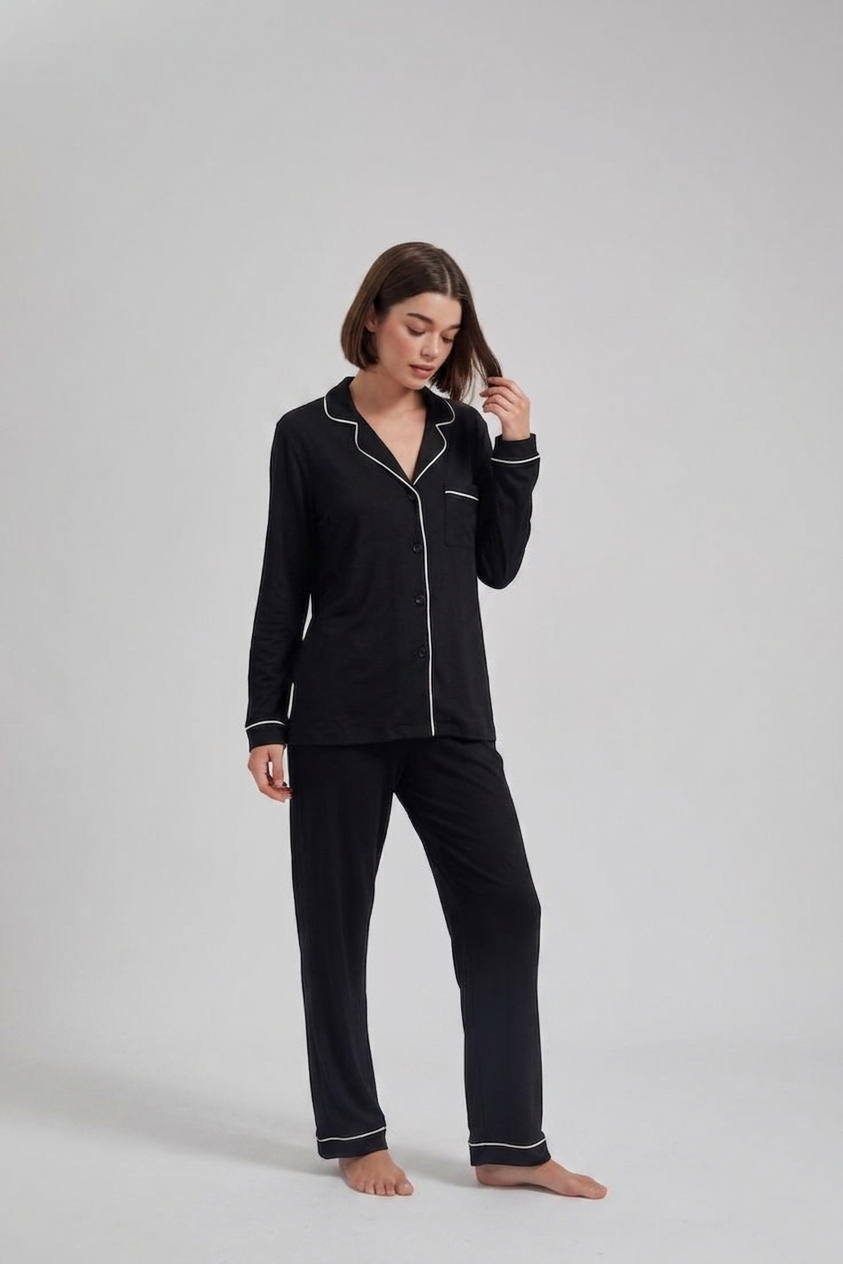 Classic Black Loose Ribbed Sleepwear Set R2
