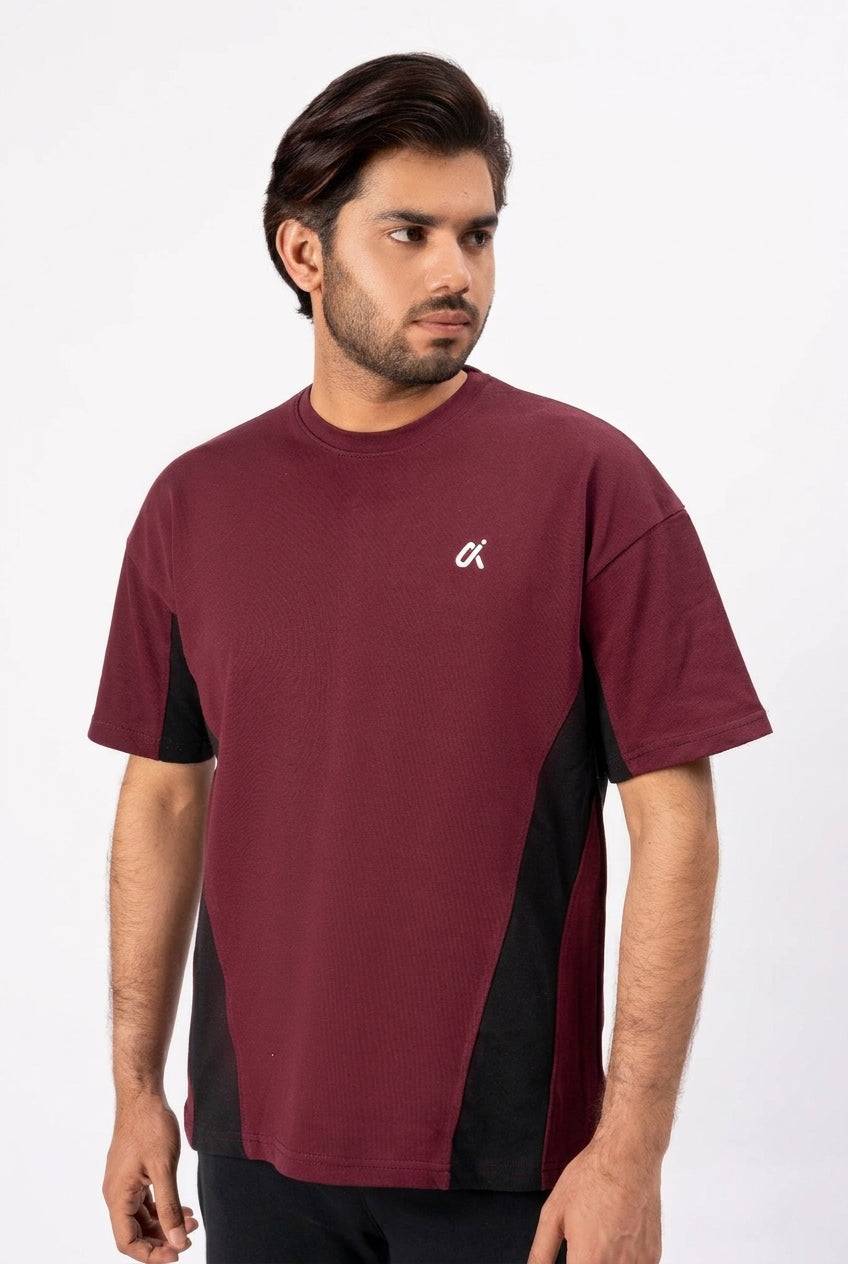 Contrast Panel Performance T-Shirt – Maroon & Black T3