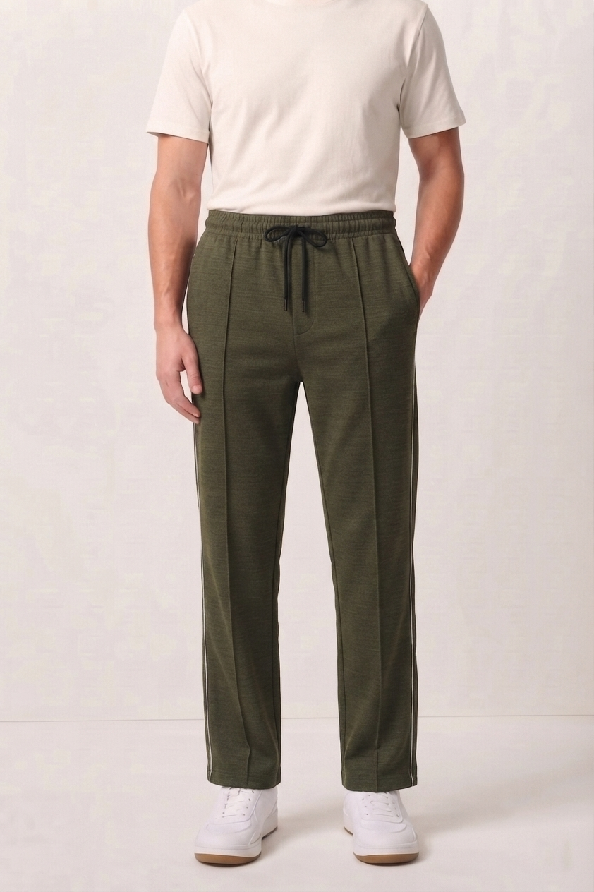 Dark Olive Wide-Leg Comfort Trouser White Piping - D23