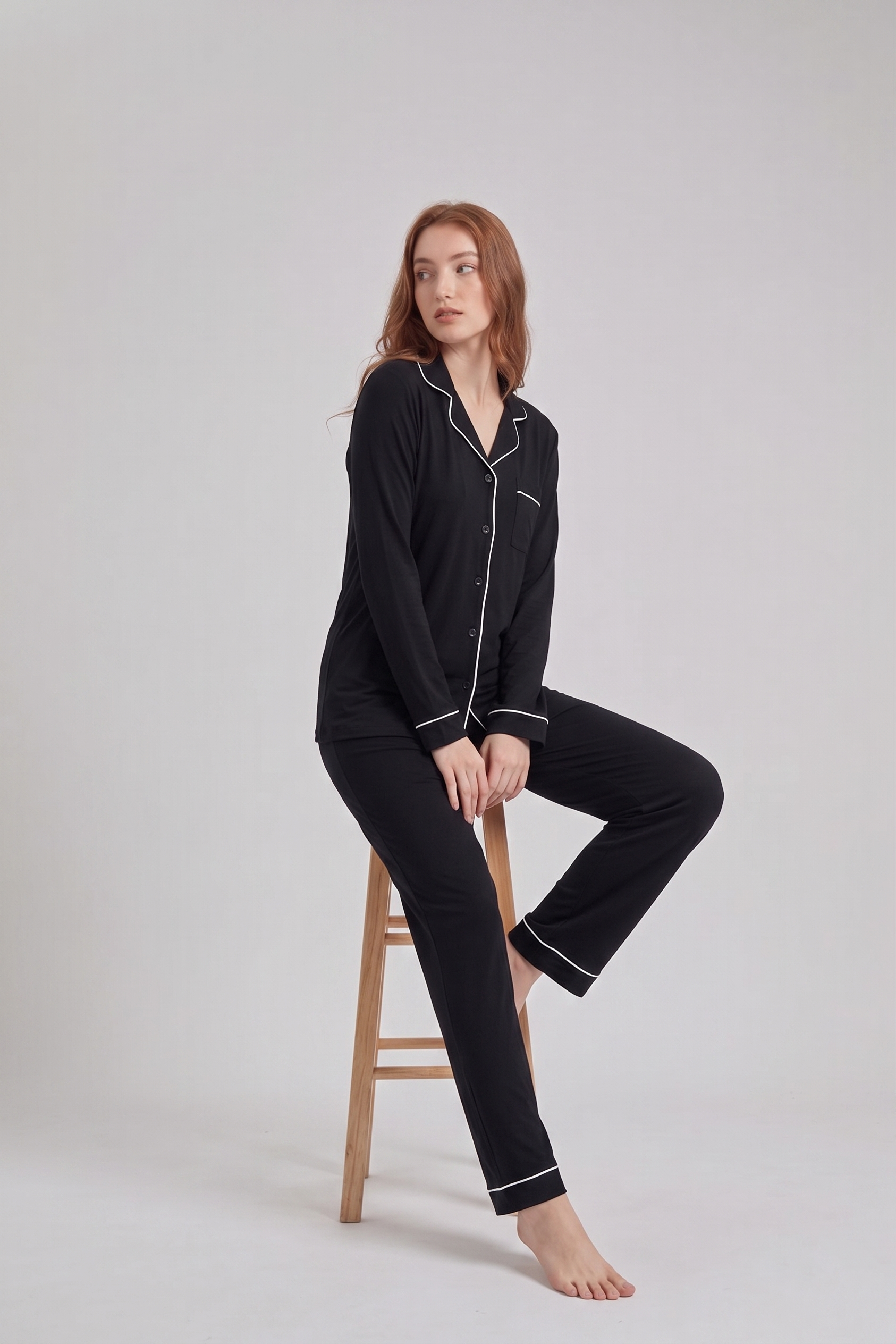 Classic Black Loose Ribbed Sleepwear Set R2