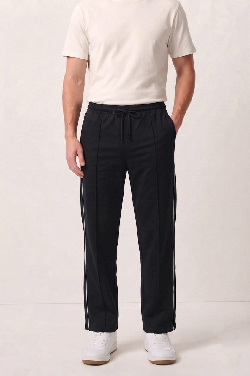 Black Wide-Leg Comfort Trouser White Piping - D28