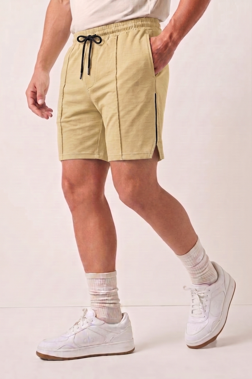 Beige Pleated Athleisure Shorts X7