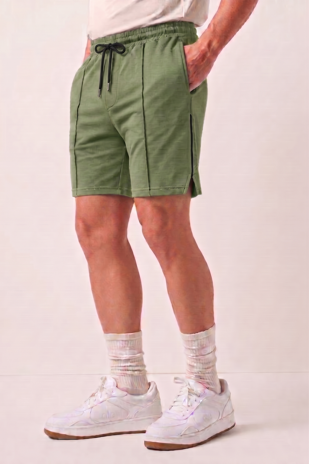 Olive Green Striped Athleisure Shorts X2