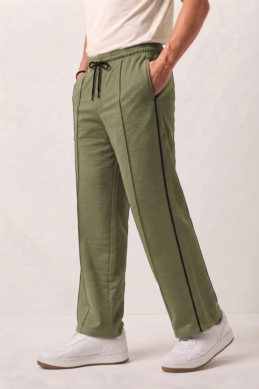 Light Olive Wide-Leg Comfort Trouser Black Piping - D24