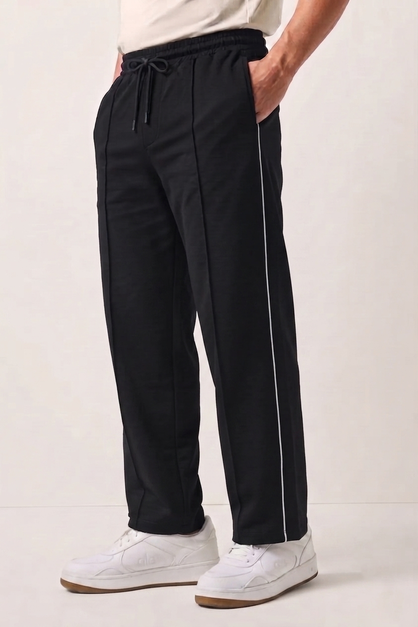 Black Wide-Leg Comfort Trouser White Piping - D28