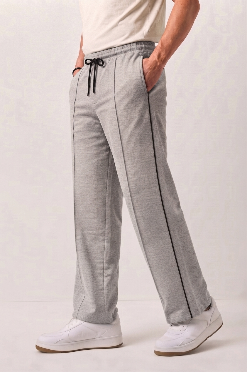 Light Grey Wide-Leg Comfort Trouser Black Piping - D26