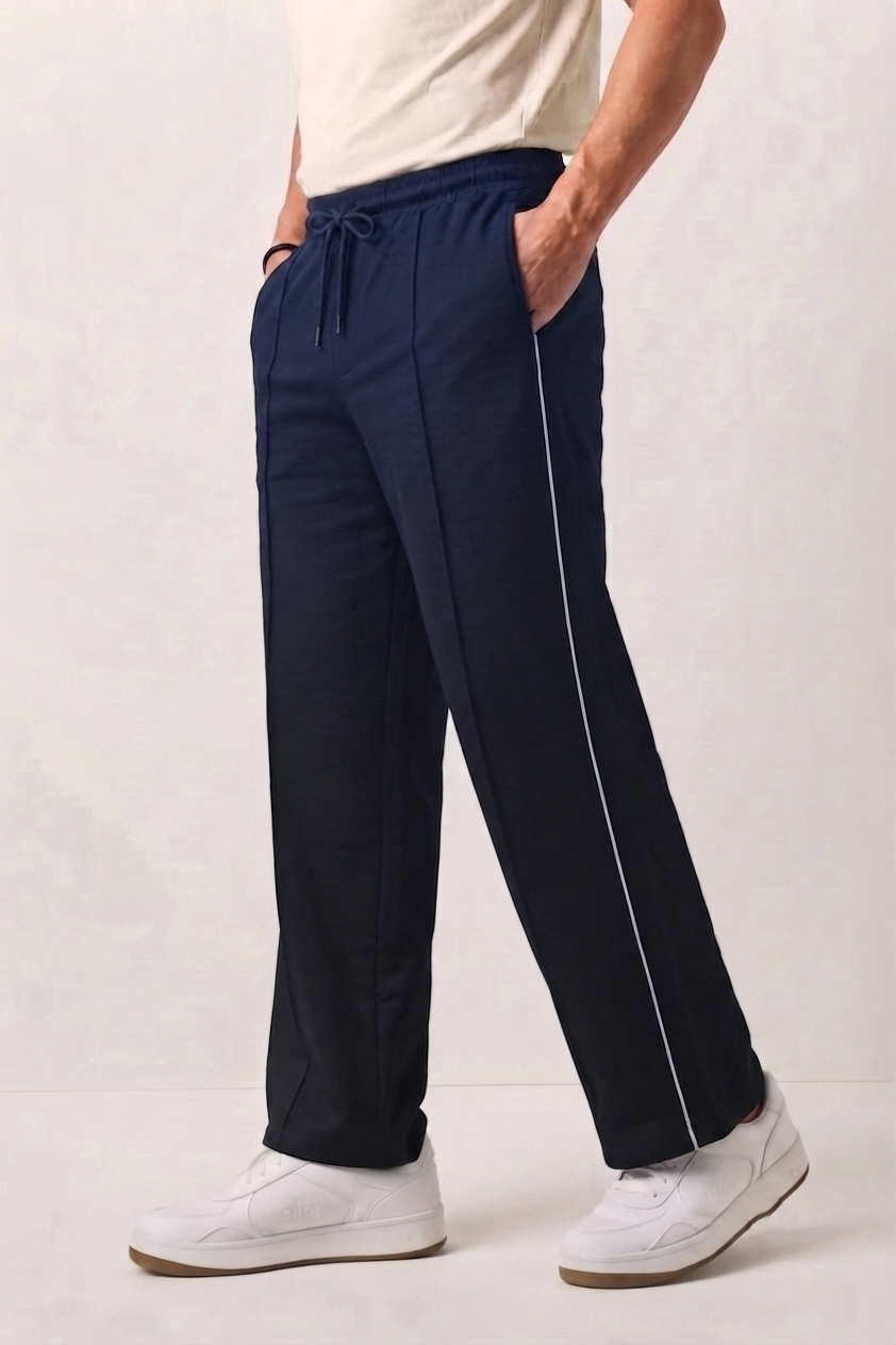 Navy Wide-Leg Comfort Trouser White Piping - D22