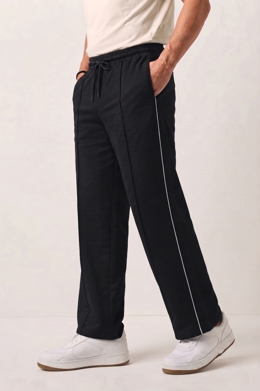 Black Wide-Leg Comfort Trouser White Piping - D28