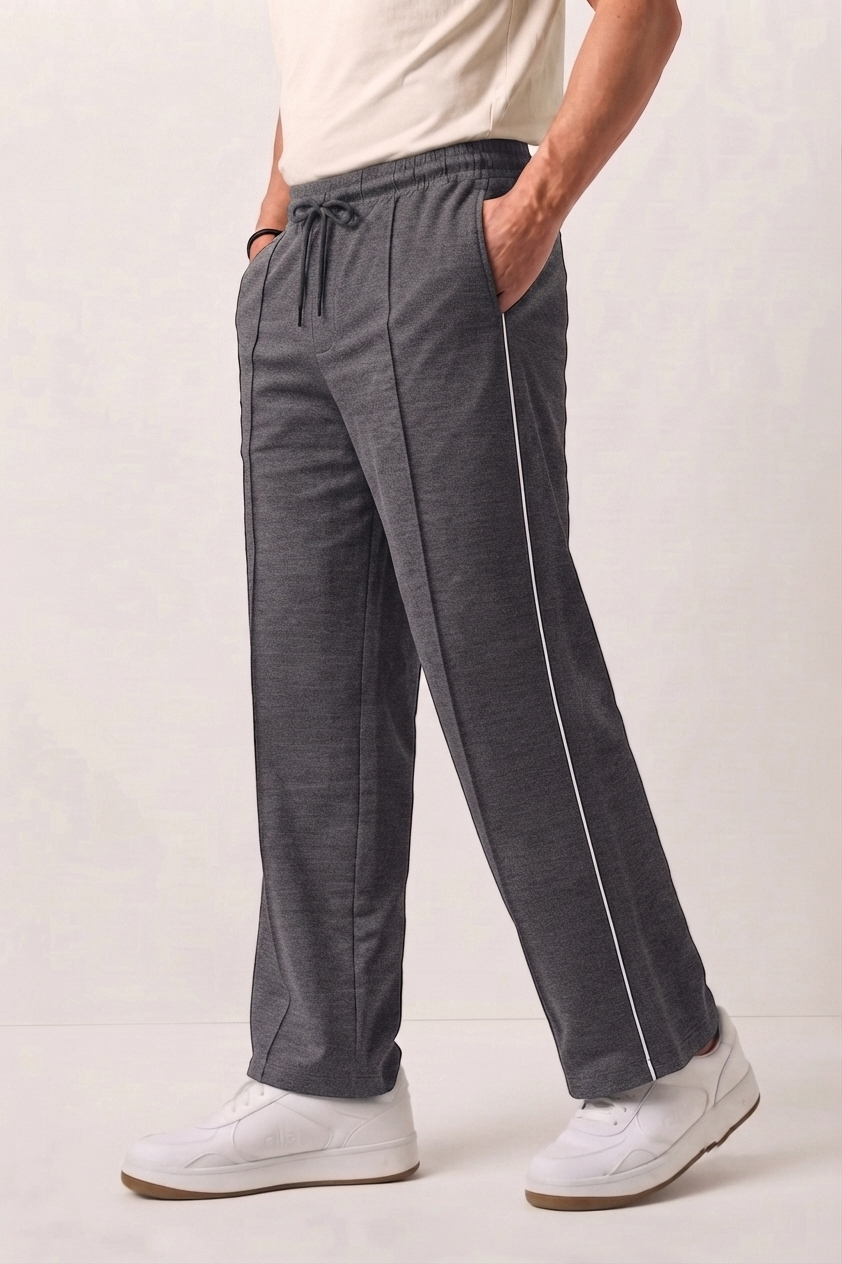 Charcoal Grey Wide-Leg Comfort Trouser Black Piping - D27