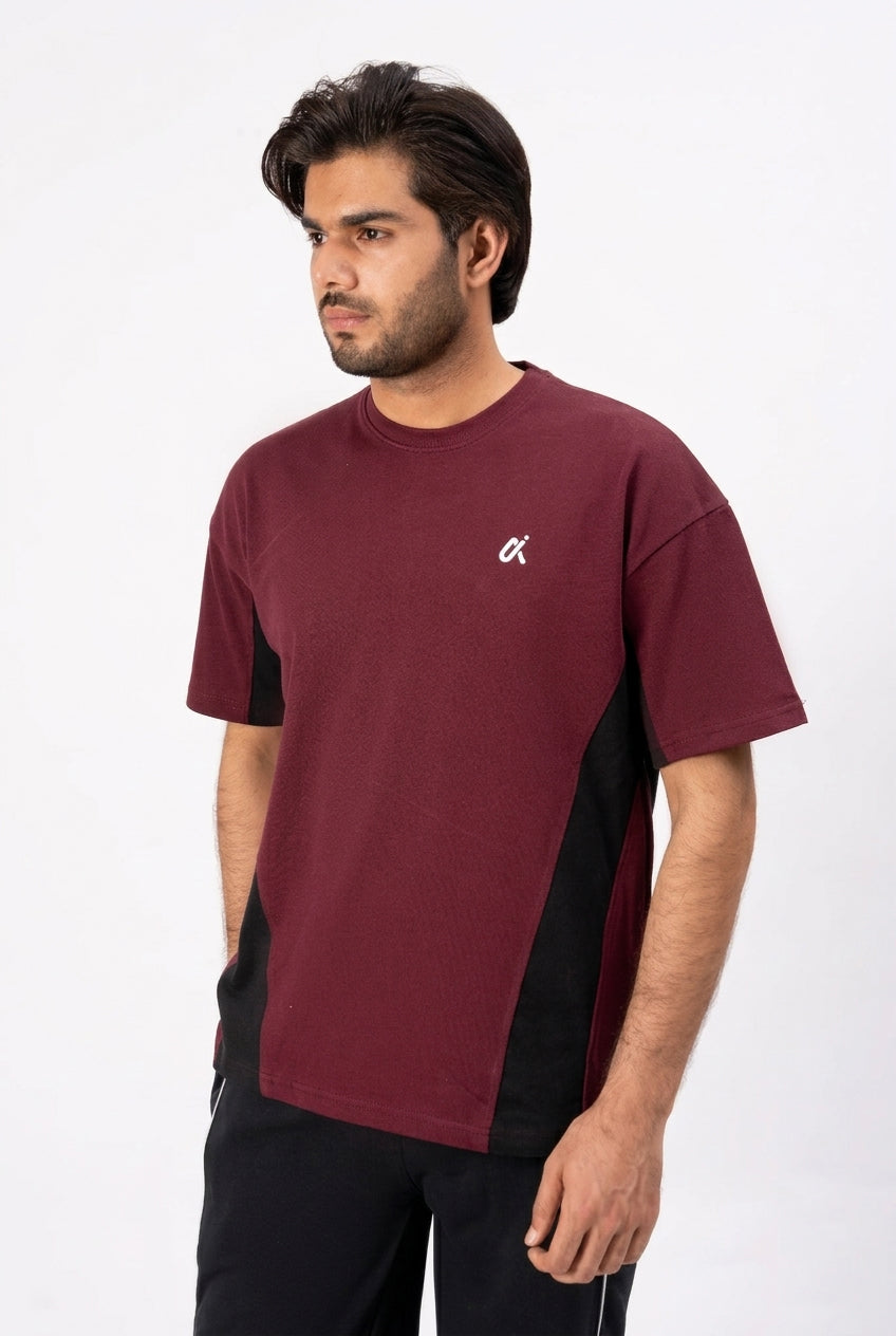 Contrast Panel Performance T-Shirt – Maroon & Black T3