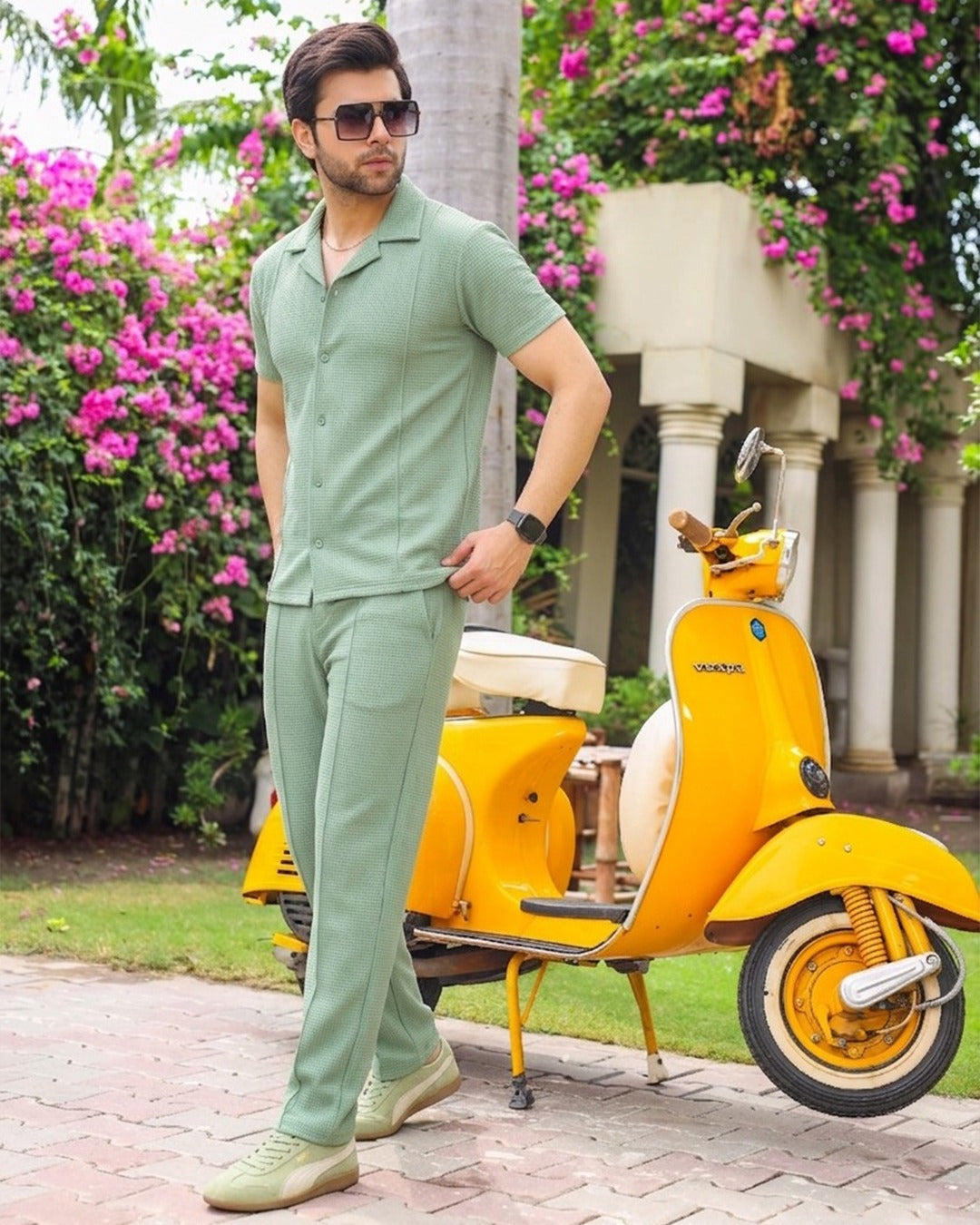 Light Green Half-Sleeve Safari Suit for Men B9