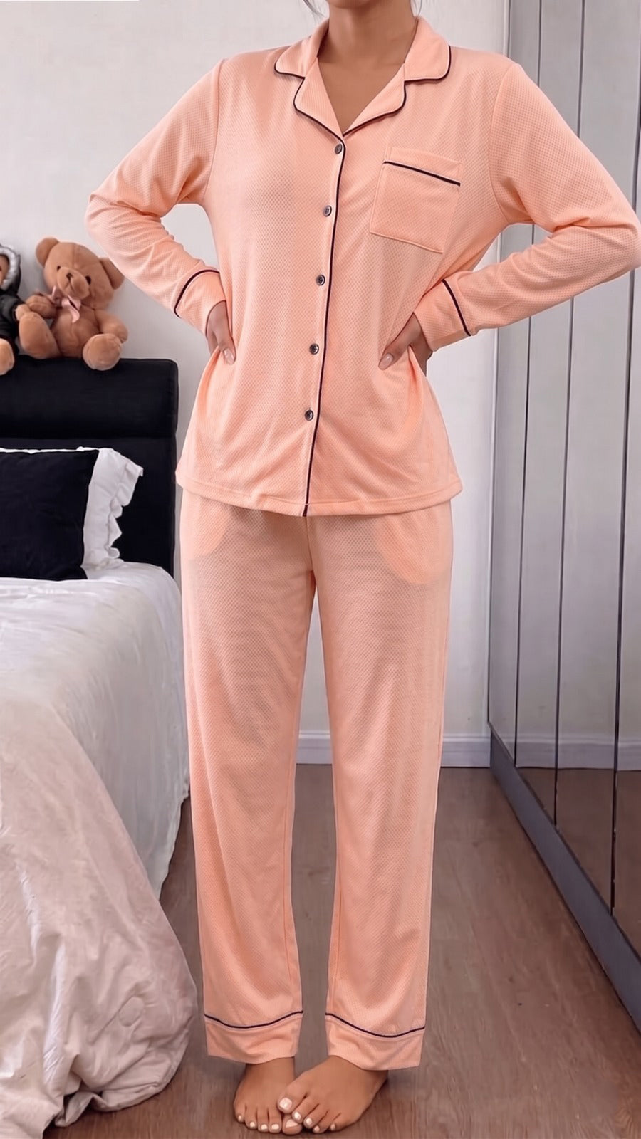 Peach Pink Loose Ribbed Sleepwear Set R4