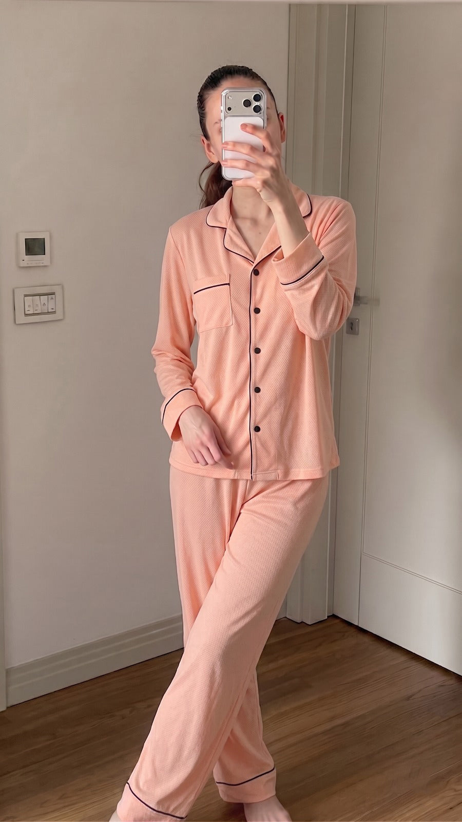 Peach Pink Loose Ribbed Sleepwear Set R4