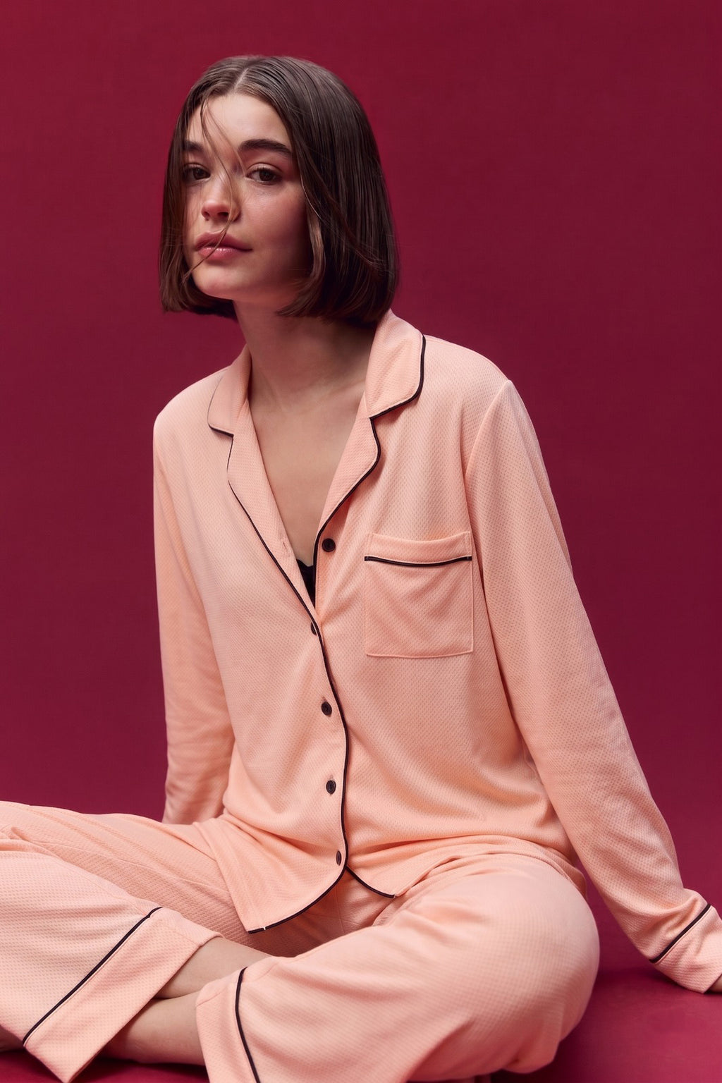 Peach Pink Loose Ribbed Sleepwear Set R4